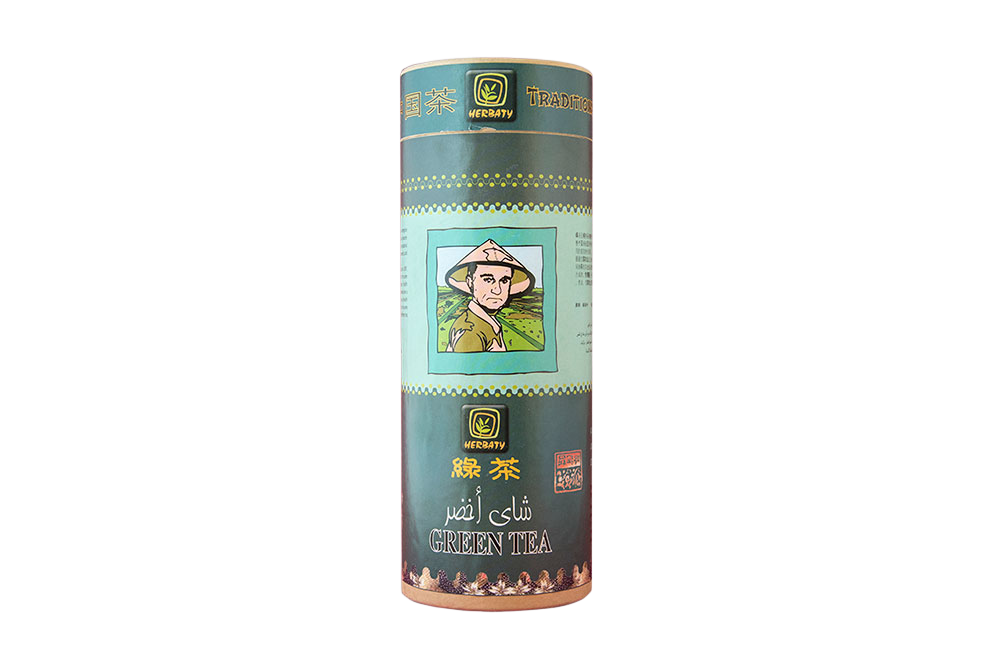 Organic green tea stored in a sealed tin