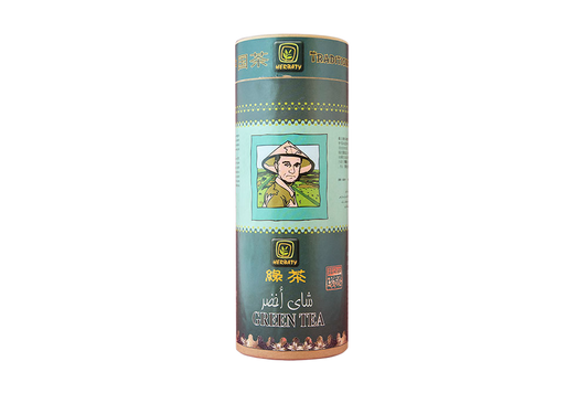 Organic green tea stored in a sealed tin