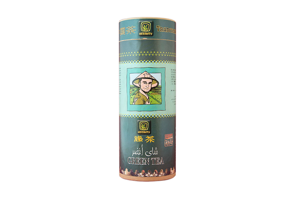 Organic green tea stored in a sealed tin